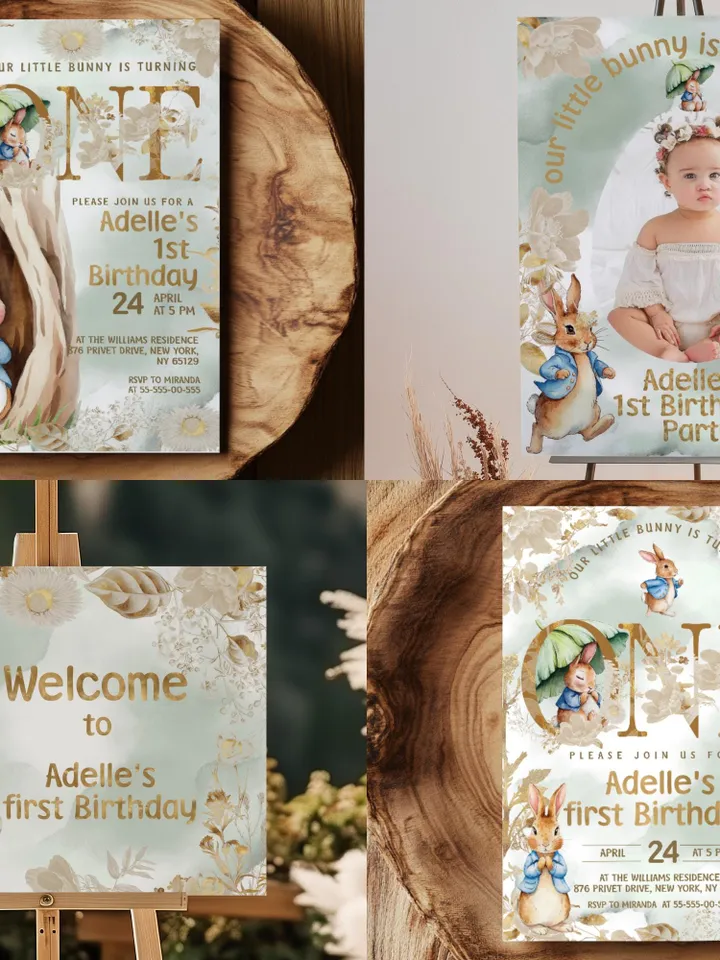 DIY Editable Baby Birthday Template large Bundle for Peter Rabbit party theme invitation banners labels milestone pr888