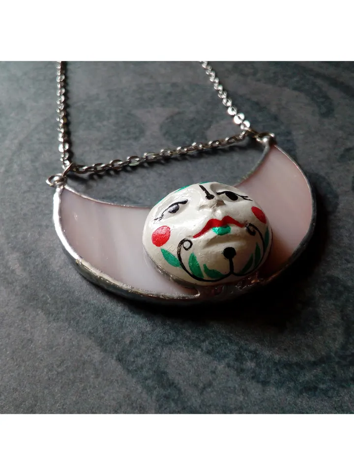 Stained glass moon, Moon Goddess, Moon phase necklace, Stainglass crescent, Full moon pendant, Moon face necklace