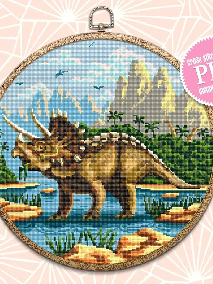 Dinosaur Triceratops cross stitch pattern download PDF Ancient animal cross stitch chart, Dinosaur world cross stitch Mountain landscape #D2