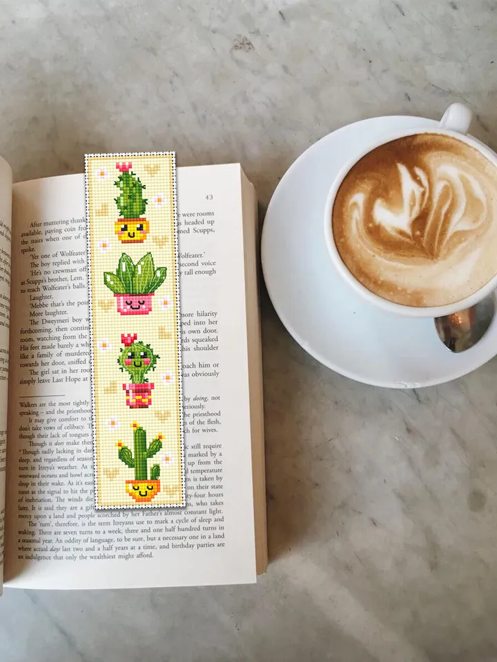 Cactus bookmark cross stitch pattern PDF download Kawaii cactus cross stitch chart, Floral bookmark pattern digital PDF, Potted plants #B341