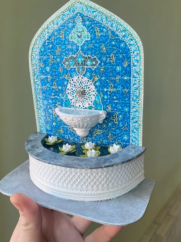 Wall fountain with lotuses. Dollhouse miniature. 1:12.