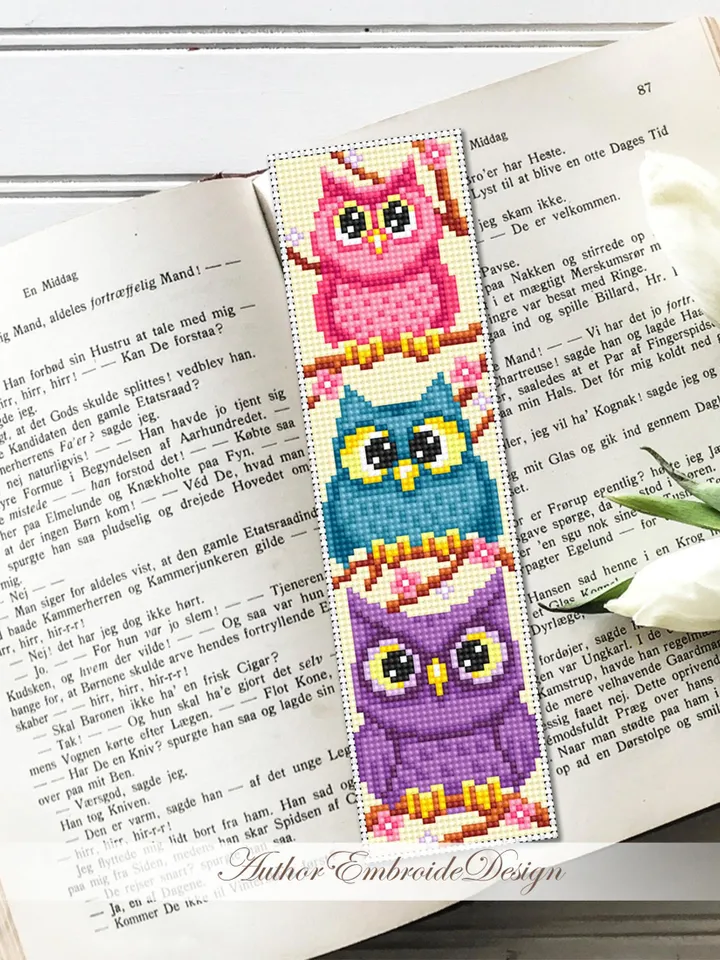 Owl bookmark cross stitch pattern PDF download Funny birds cross stitch chart, Cute bookmark pattern digital PDF, Book lover gift #B418