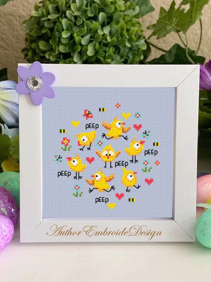 Cute chickens cross stitch pattern PDF download Small bird cross stitch chart, Chicken pattern digital PDF, Easter chicks sampler mini #K63