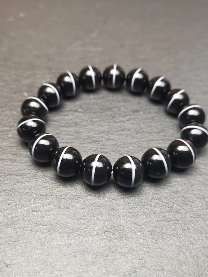 Gandhanra Vintage Tibetan Wrist Mala,Authentic Black Agate Medicine Buddha Bhaisajyaguru Prayer Beads Bracelet for Meditation,0.4&quot; - 0.63&quot;
