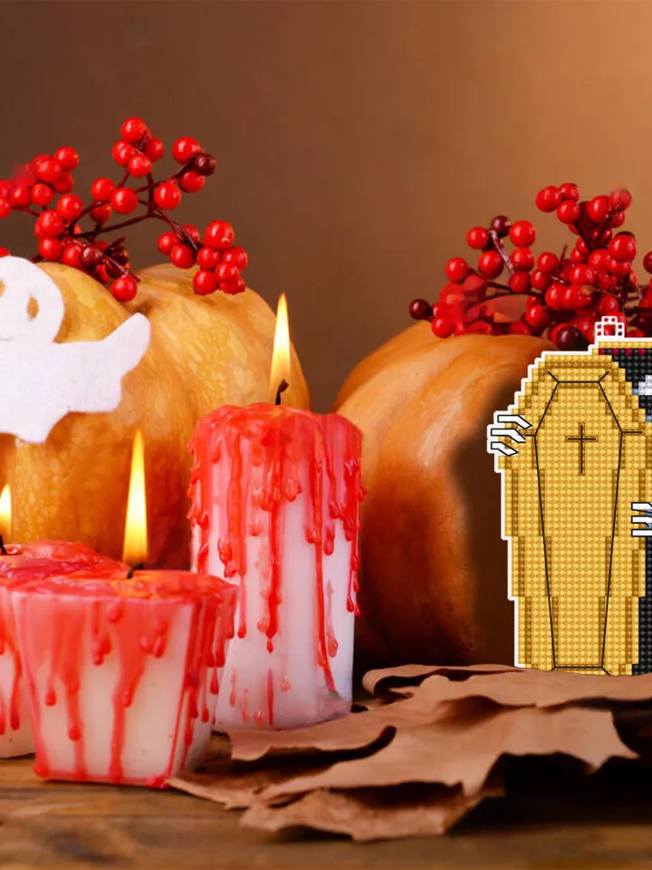 Skeleton in coffin cross stitch pattern PDF download Double-sided Halloween ornament cross stitch plastic canvas, Halloween tree decor #H74