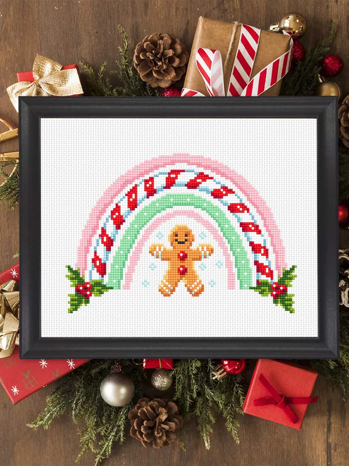 Christmas rainbow cross stitch pattern PDF download Gingerbread man cross stitch chart, Christmas pattern digital PDF, Sweet Christmas #N136