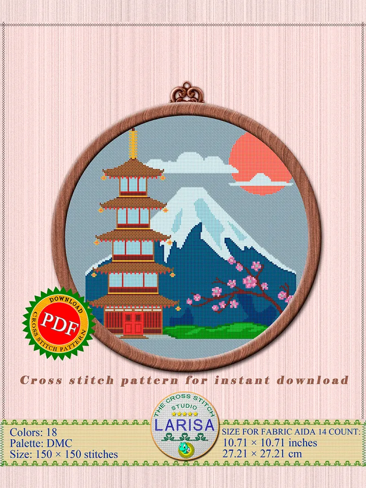 Pagoda Cross Stitch Pattern | Mount Fuji