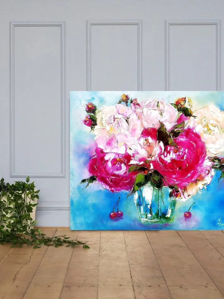 Peony Painting Flower Original Art Impasto Painting 16 x 20 Floral Wall Art Peonies In Vase Oil Painting Canvas Artwork by ArtProkopaloSv