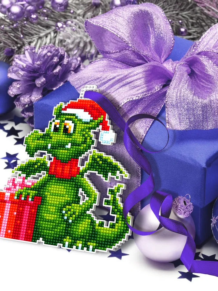Christmas dragon cross stitch pattern PDF download Double-sided Christmas tree decor for plastic canvas, Small Green dragon pattern #N101