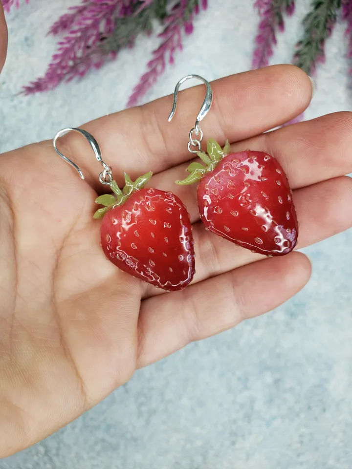 Strawberry earrings, polymer clay,stainless steel coated with silver