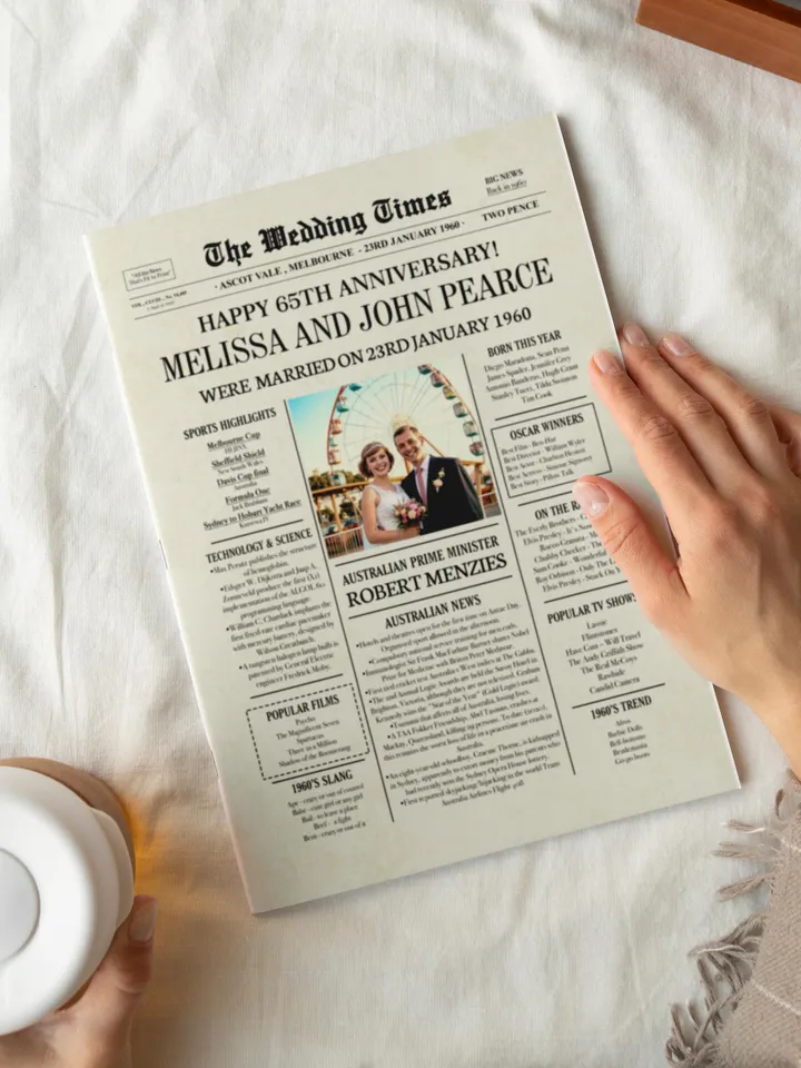 65th wedding anniversary gift for parents 1960 australian newspaper poster printable the wedding times 65 year sapphire celebration card