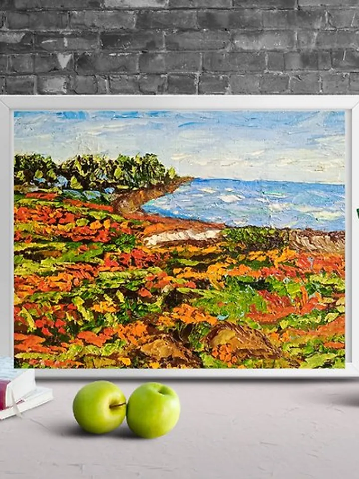 Landscape original oil painting of mountains and wildflowers impasto art