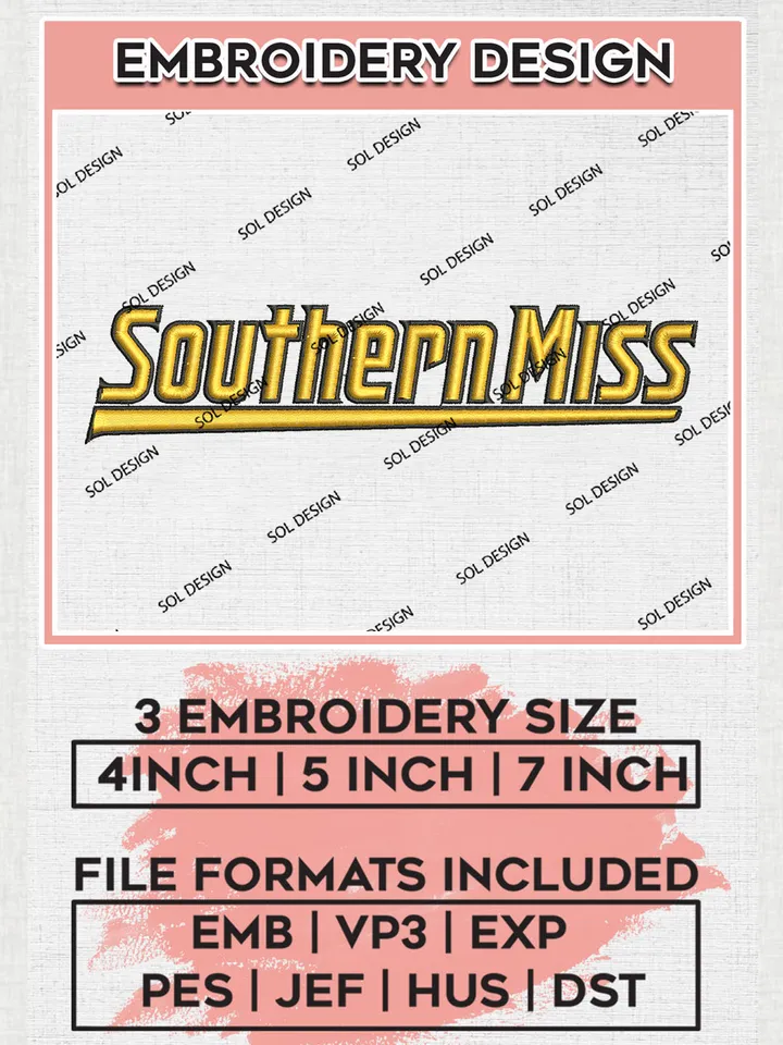 NCAA Southern Miss Team Word Logo Embroidery Design Files, NCAA Southern Miss Golden Eagles Machine Embroidery, NCAA Teams, 3 sizes, NCAA Machine embroidery designs, Digital Download