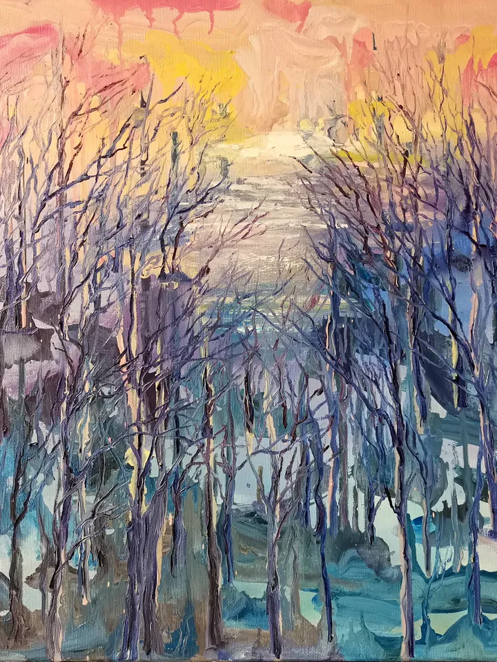 Lake Sunset Forest Art Original Oil Painting Abstract Sea Artist Svinar Oksana