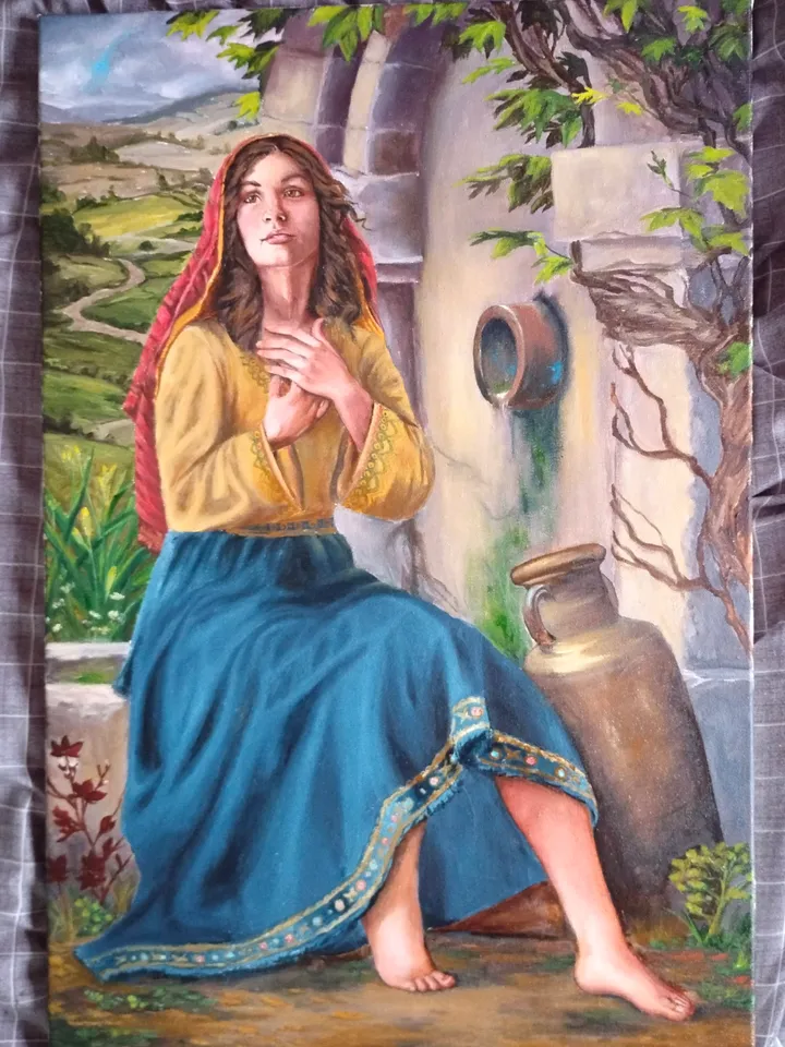 Christian Girl oil painting with landscape Religious inspiration Figurative art