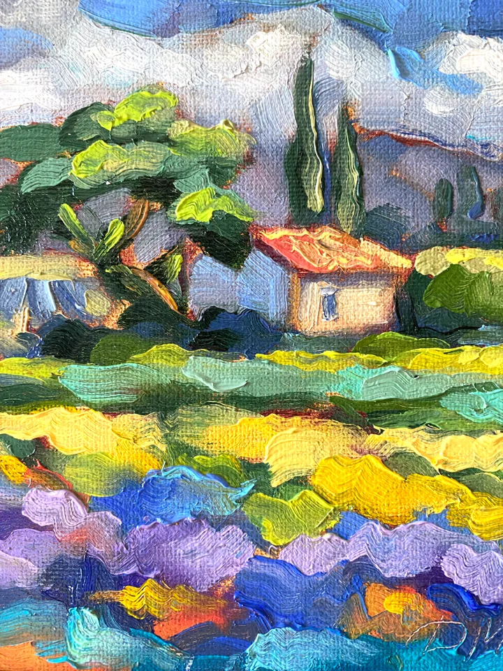 Lavender Fields Painting Tuscany Original Art Landscape Oil Painting Impasto Small Artwork 6x6 Tuscan Serenity Painting Wild Flowers