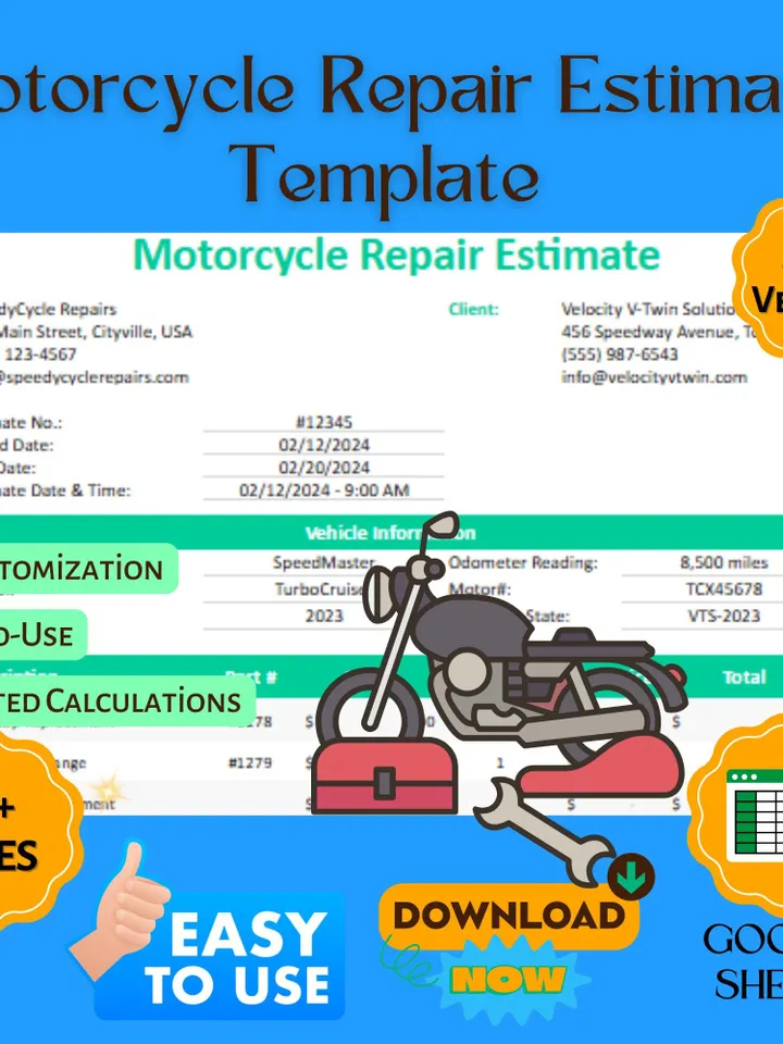 Motorcycle Repair Estimate Template, Editable Google Sheets Digital Download, Bike Repair Cost Tracker, Mechanic Invoice Sheet