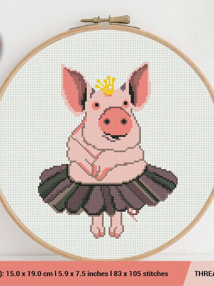 Pig Queen Cross stitch pattern Embroidery Pattern Instant Download Embroidery Designs Pink Animal Dance Ballerina Crown 2019 New Year Symbol