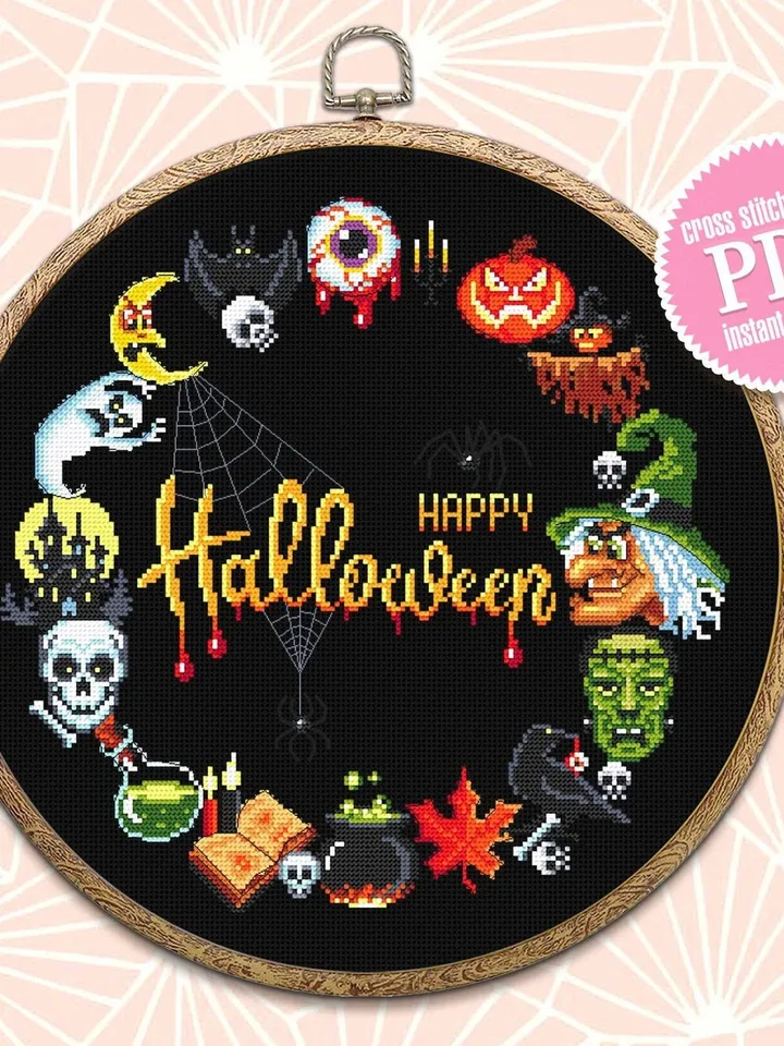 Halloween wreath cross stitch pattern download PDF, Spooky Halloween cross stitch chart, Halloween pattern digital PDF, Beginner stitch #H45
