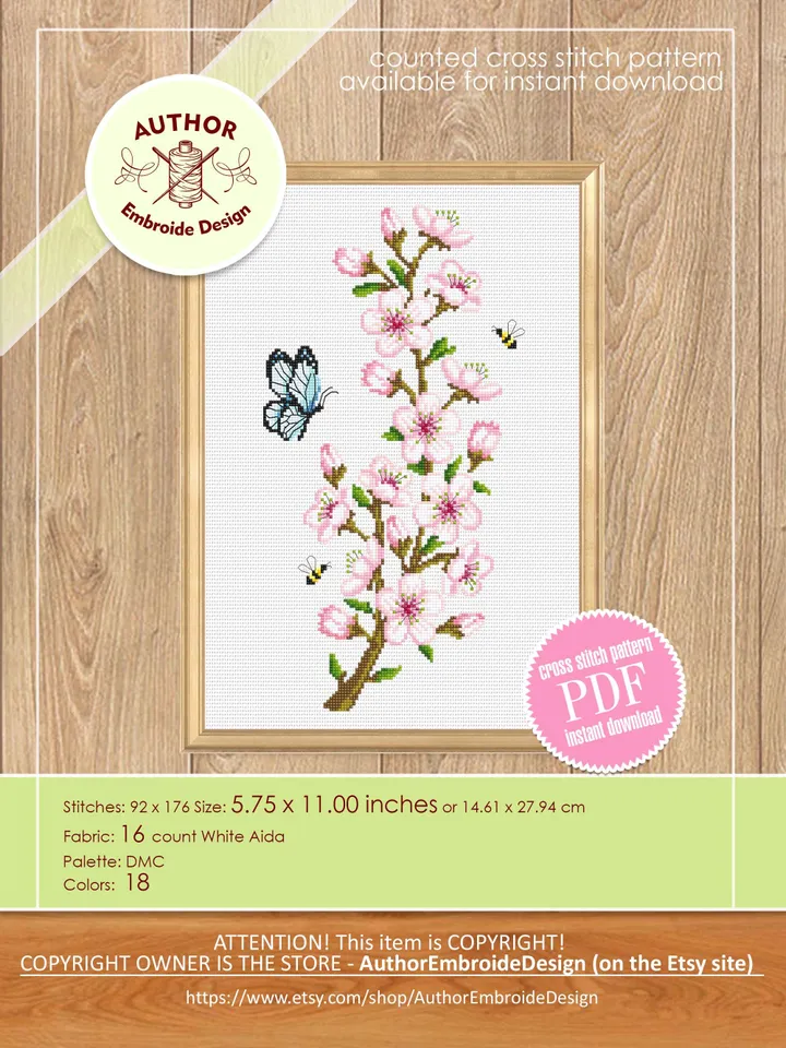 Cherry blossom branch cross stitch pattern PDF download Spring flowers cross stitch chart, Floral pattern digital PDF, Sakura blossom #P54