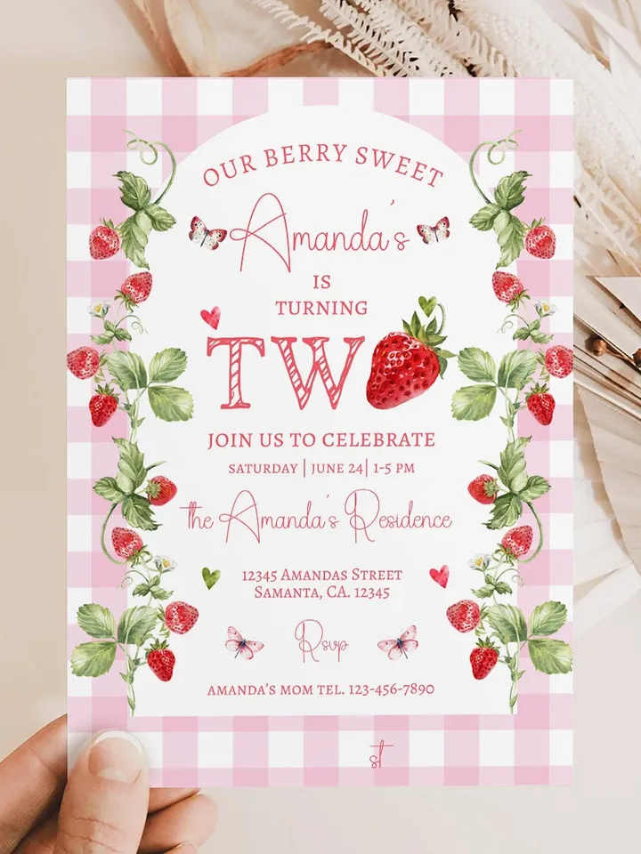 Editable Strawberry Two Sweet 2nd Birthday Party Invitation Berry First Birthday Invitation Summer Berries 2nd Birthday Instant Download