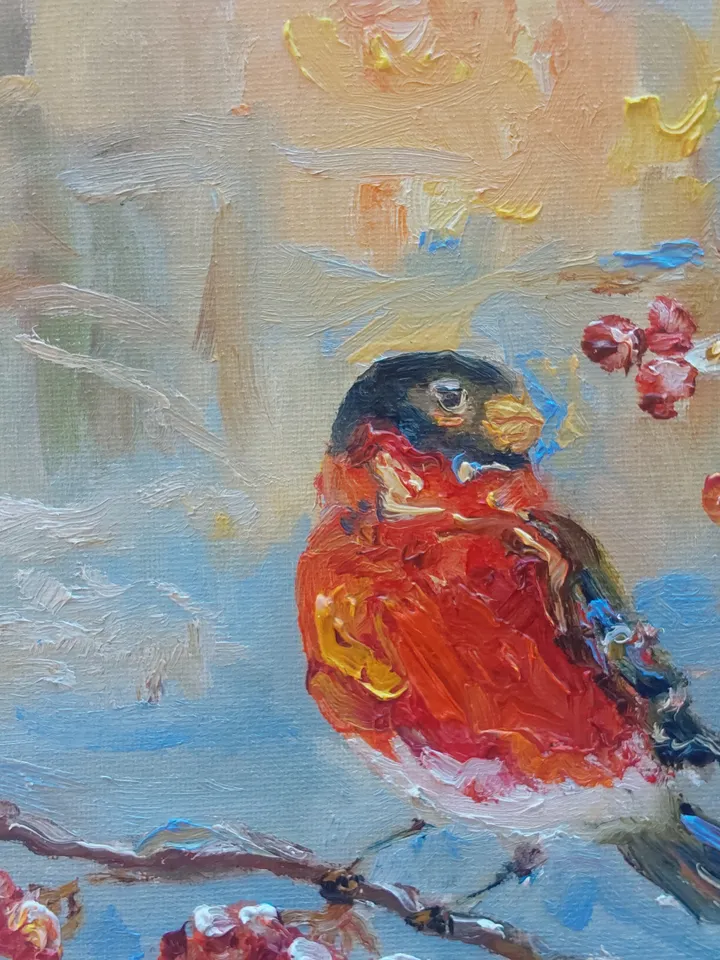 Oil painting on canvas "Bird. Bullfinch" 20x20cm (8x8 inch)