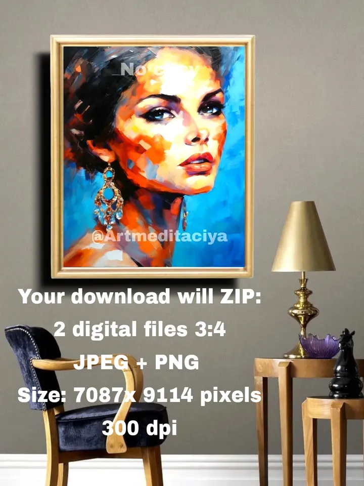 The digital abstract modern painting "Girl" in the style of oil painting with a palette knife is a concise image of a beautiful brunette of European appearance with expressive blue eyes and large ethnic earrings with blue stones on a blue background