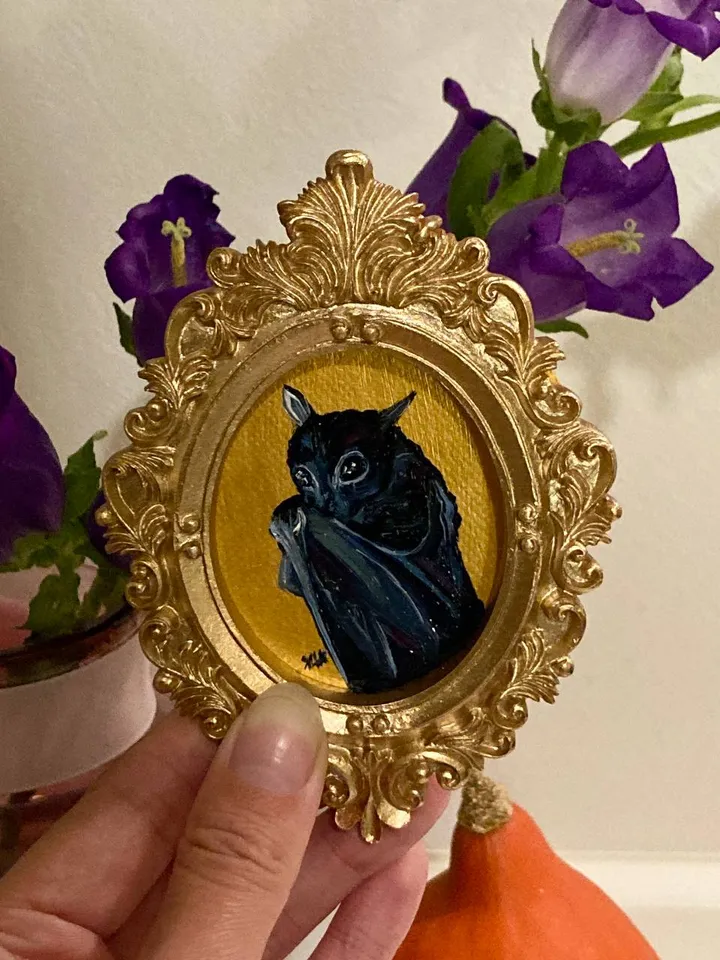 Bat Painting Original Framed Small Oil Painting Gold Frame
