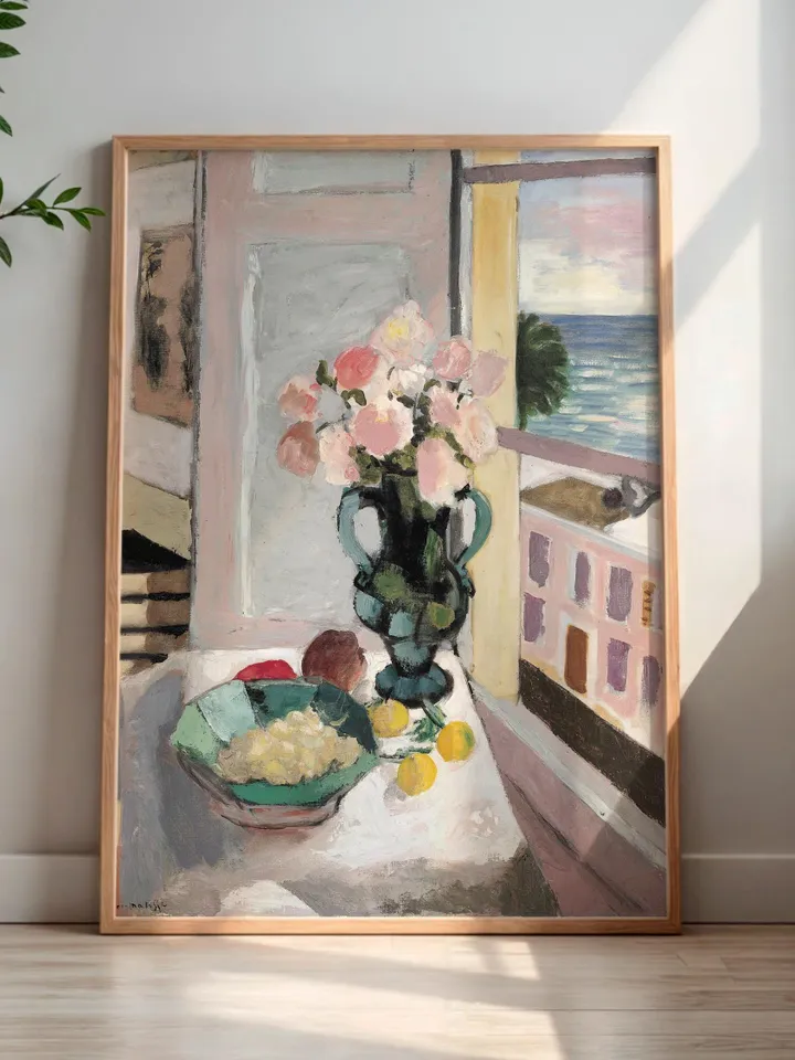 Henri Matisse Still Life Print Open Window Vase with Roses Bowl of Lemons Coastal Seaside View Fauvist Wall Art Digital Download Poster HMS5