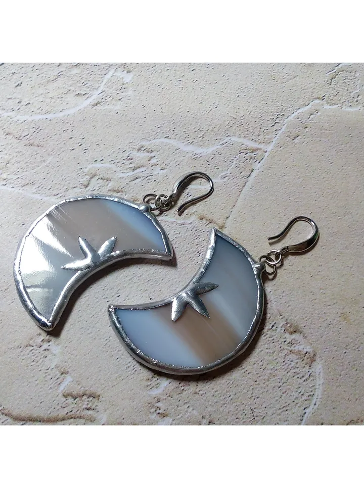 Glass crescent earrings, Moon and stars, Witchy goth aesthetic, Tin soldered moon earrings, Halloween, Witch earrings