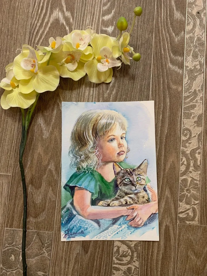A girl with a kitten, watercolor painting, Portrait of a little girl