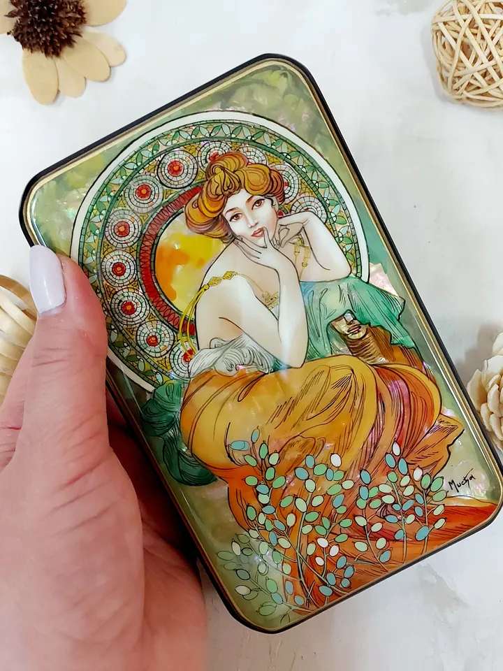 Beautiful Lacquer Box Alphonse Mucha "Topaz" Hand painted miniature painting jewelry box Mother of pearl Papier mache Art gift Fedoskino