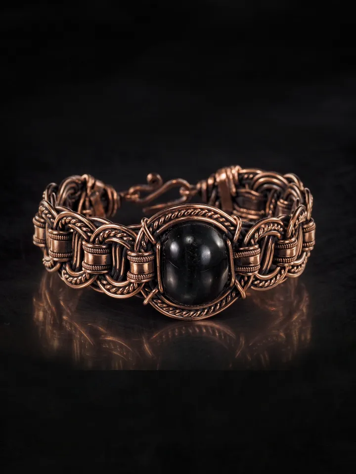 Copper wire bracelet with natural falcon eye, 7th Wedding Anniversary gift