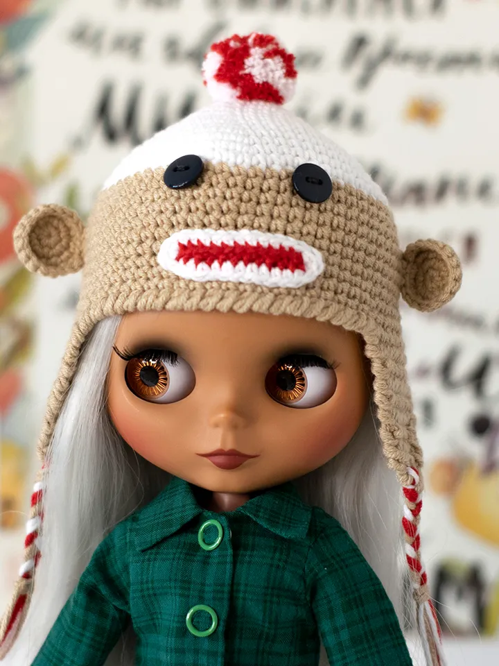 Monkey hat for Blythe doll, Pullip doll, Icy doll, animals hat with ears for Halloween, crochet accessories for doll