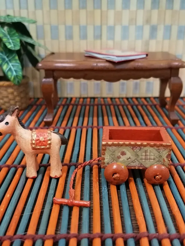 Donkey on a cart. A toy for a doll.1:12 scale.