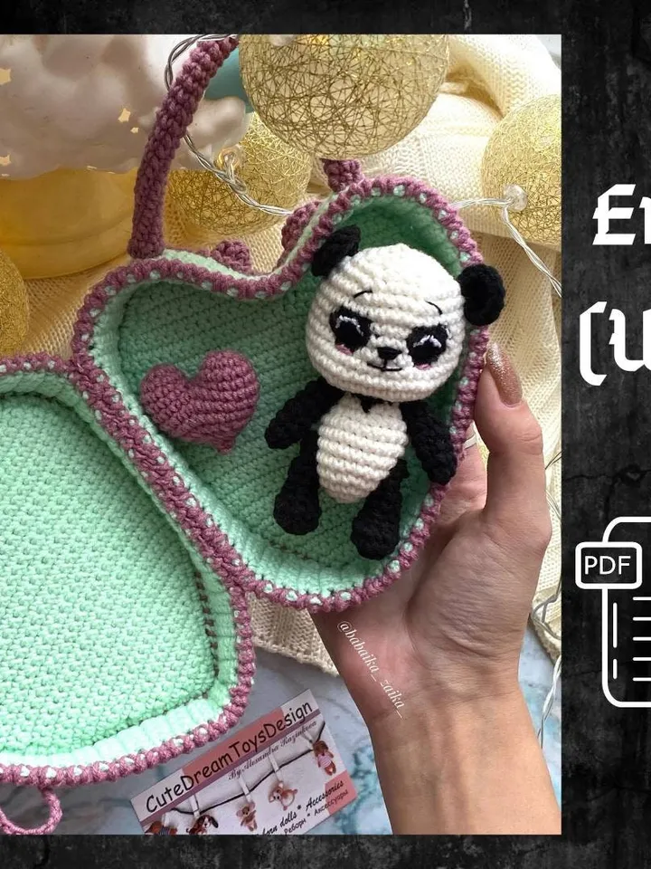 PDF Crochet Pattern Panda in Bag-Heart, Small Toy Pattern, Animal Pattern, Amigurumi bear pattern, TUTORIAL bear in Eng, Valentine's day