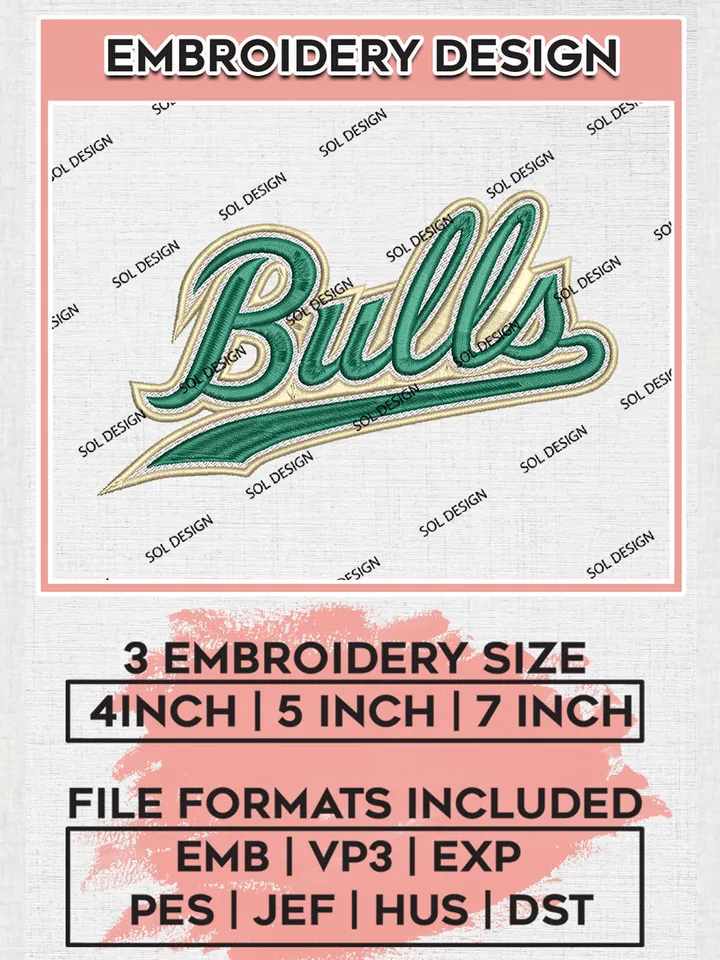 NCAA Bulls College Football Team Logo Embroidery Design Files, NCAA South Florida Bulls Machine Embroidery, NCAA Teams, 3 sizes, NCAA Machine embroidery designs, Digital Download