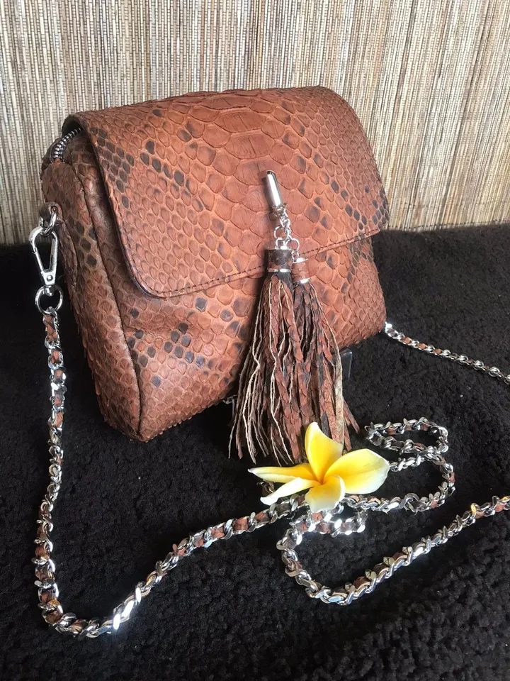 Genuine Python Skin Crossbody Bag | Chain Tassel brown bag | Leather Woman Free Shipping Handmade Summer purse | exotic leather bag