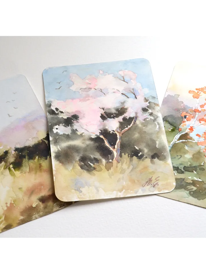 Flowering tree painting Original watercolor postcard Small artwork by Yulia Evsyukova