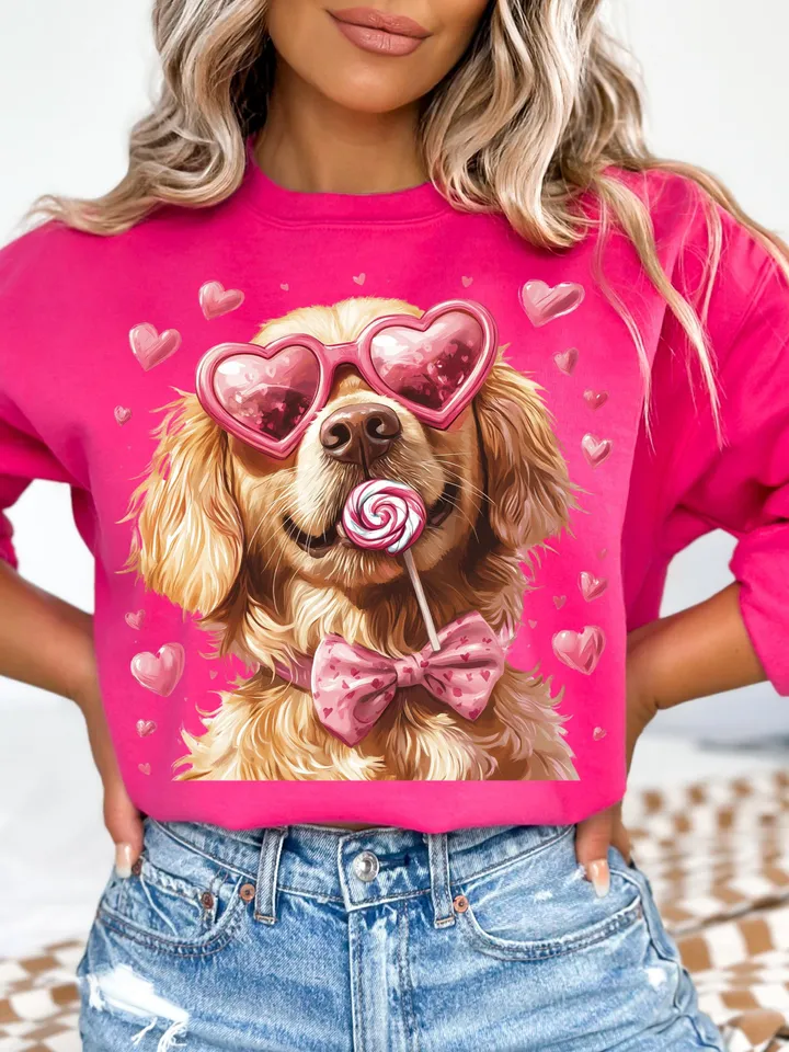 Valentine Dog Lovers png, Golden with heart-shaped glasses, Valentine png, Preppy valentine png, Watercolor Dog Coquette png, Dog Mom png