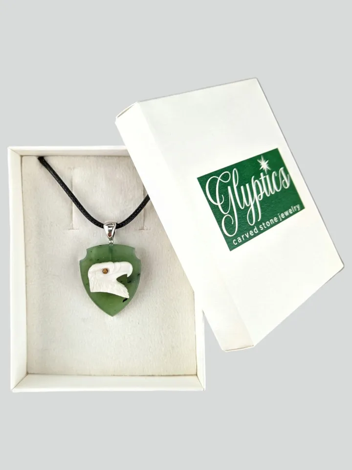 American Bald Eagle Cameo Pendant in White Agate on Jade Shield.