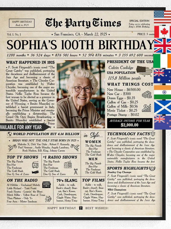 100th birthday newspaper poster for grandma born in 1925 back in 1925 printable sign personalized 100th birthday gift vintage style