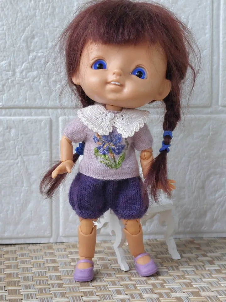 Miniature knitted clothes for doll 4 inches with micro embroidery