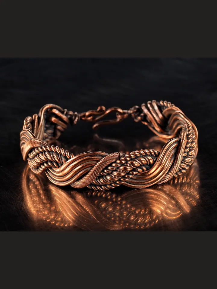 Wire wrapped bracelet, Unique 7th 22nd Anniversary gift idea, Art Nouveau antique style, One of kind braided statement bangle, Handmade oxidized pure copper jewelry, Pain relief, EMF protection