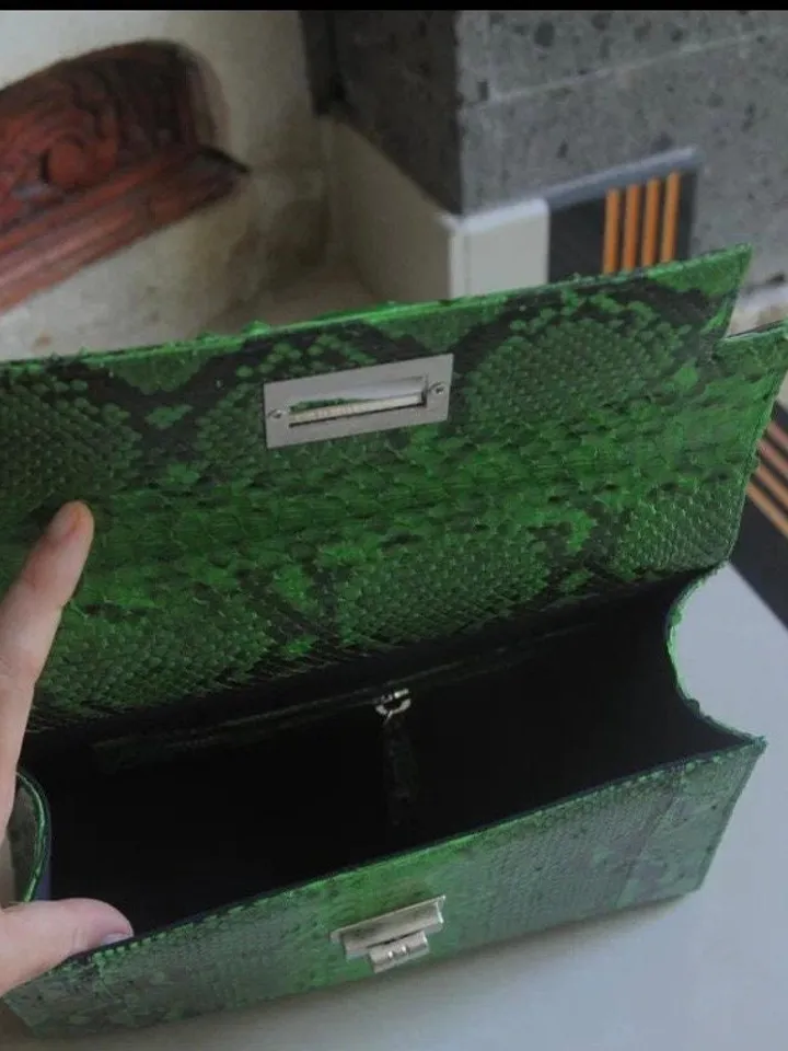 Top handle bright green classy genuine python skin bag | exotic leather bags | Elegant everyday women purse | snakeskin bag| designer bag