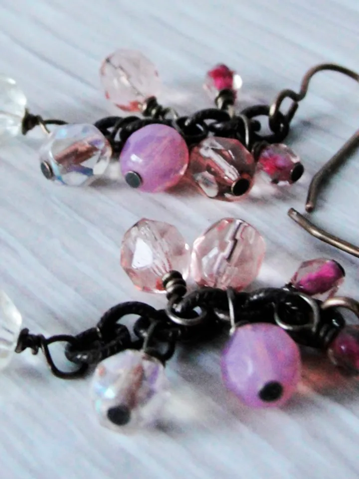 Solid and natural brass Boho Shabby chic with Czech glass beads earrings with chain.