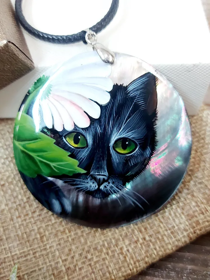 Pearl pendant necklace: Curious Black Cat under white blossom • Handmade jewelry with cute kitten • Rare cute animal pendant made from shell