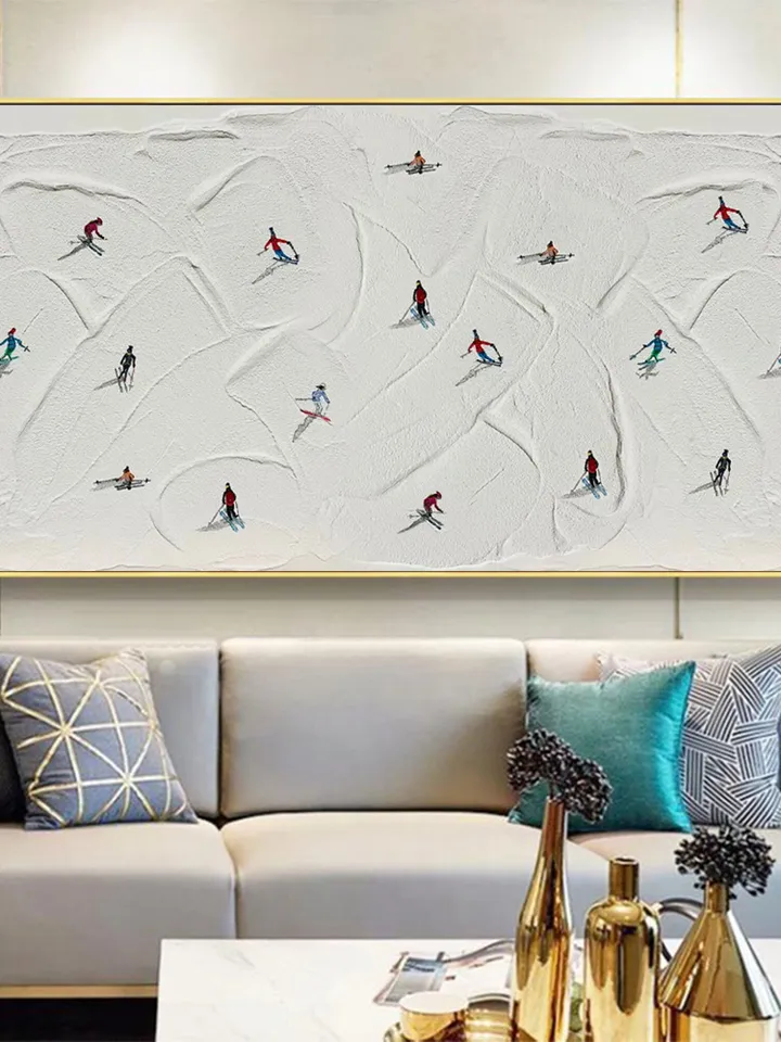 Large Original Ski Sport Painting on Canvas, Texture Wall Art, Skier on Snowy Mountain Art White Snow Skiing Art Custom Painting, Home Decor