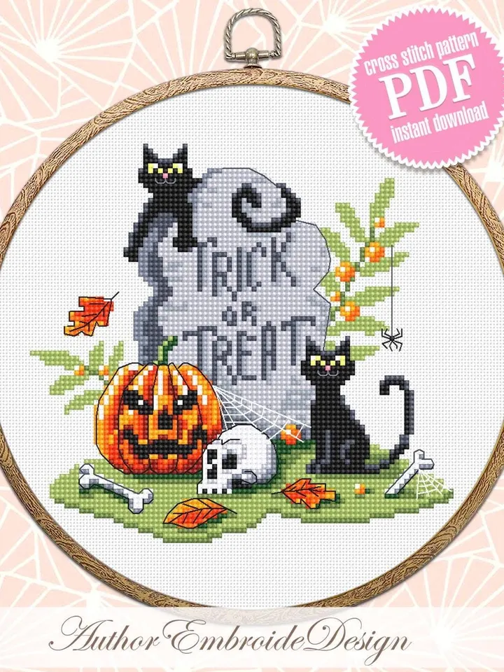 Halloween cross stitch pattern PDF download Black cat cross stitch chart, Trick or Treat Halloween pattern digital PDF, Halloween grave #H75