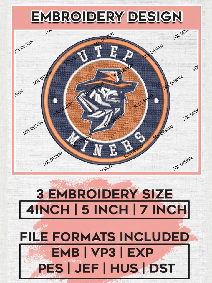 NCAA UTEP Miners Round Logo Embroidery, NCAA UTEP Miners Logo Embroidery files, NCAA Teams, Machine embroidery designs, Digital Download